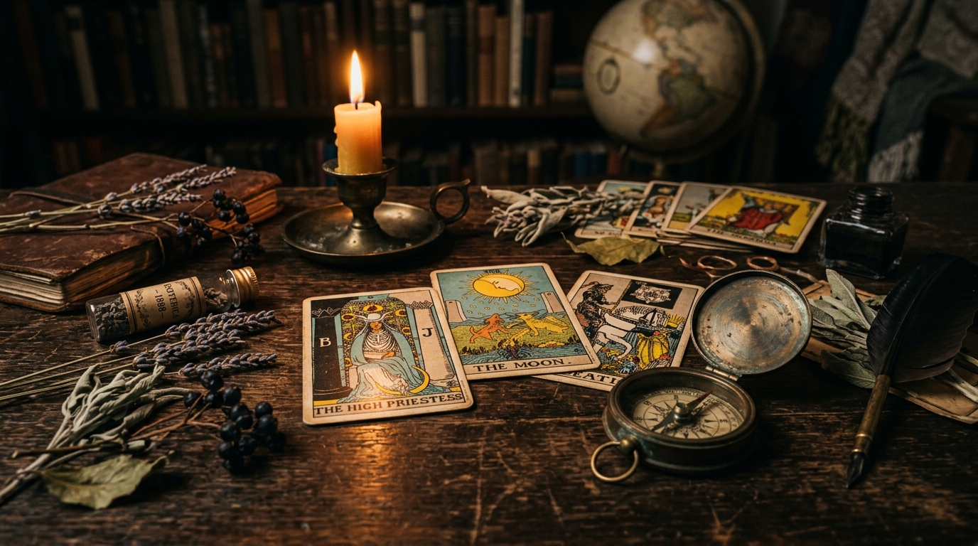 Candlelit esoteric study table with Marseille tarot cards, antique leather journal, brass compass, and herbs