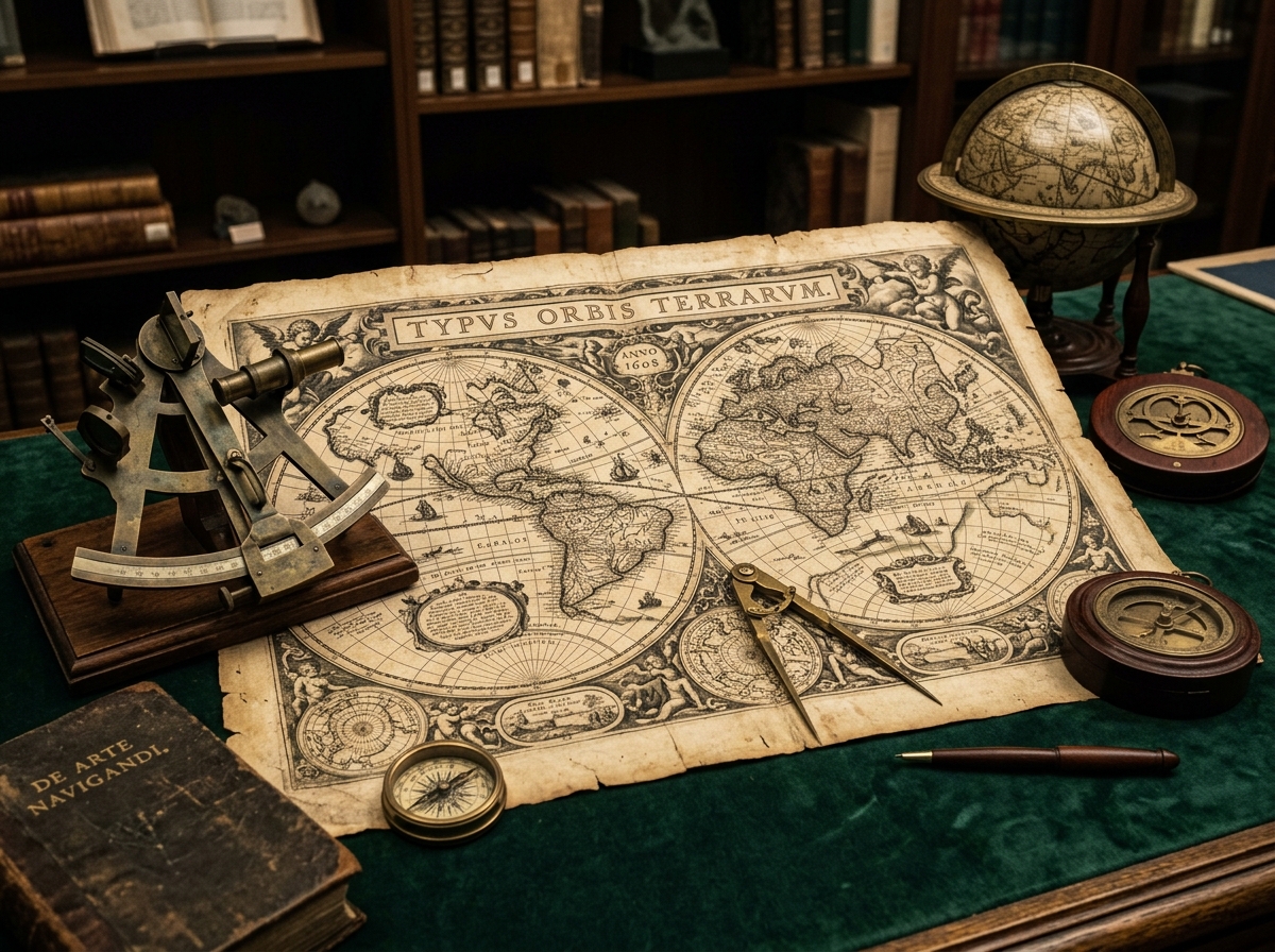 Antique world map and geographical celestial navigation chart