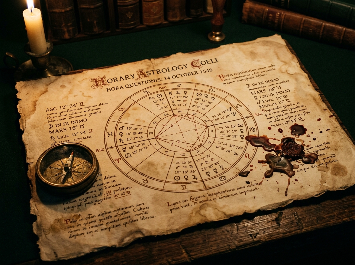 Historical horary chart manuscript with celestial coordinates and brass compass