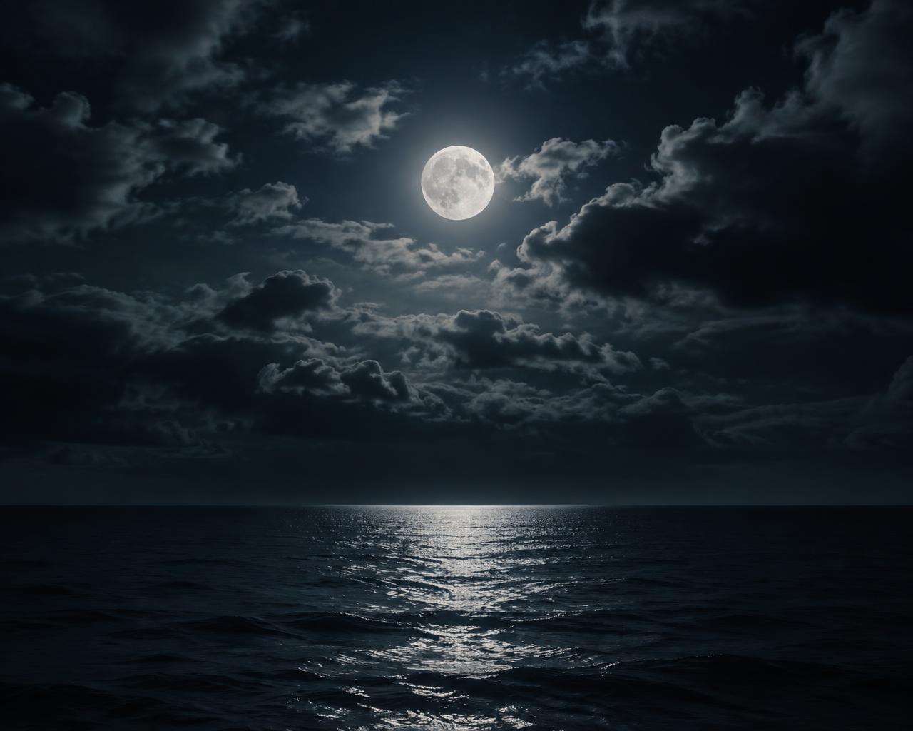 Moonlight over a dark, calm ocean beneath night cloud