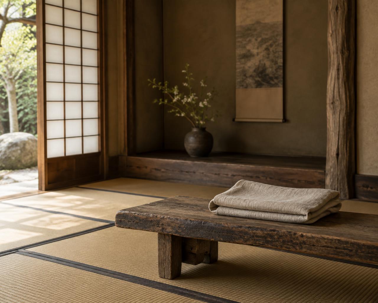 Quiet Japanese interior with folded linen on an aged wooden bench