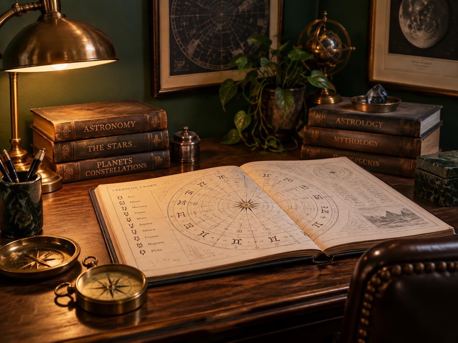 Astrological chart open on a scholar's desk in lamplight