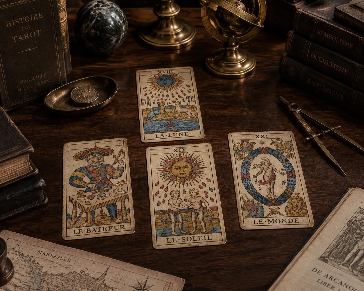 Historic Marseille-pattern tarot cards laid on a dark walnut table